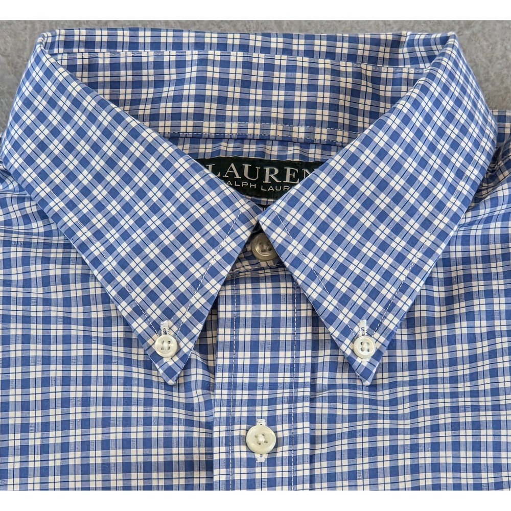 Lauren Ralph Lauren Mens 17 34/35 Classic Fit Non Iron Blue Gingham Dress Shirt - Picture 11 of 12